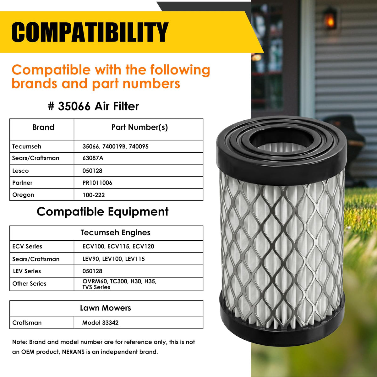 Nerans 63087A air filter for Tecumseh OVRM60 guards against dust and debris.