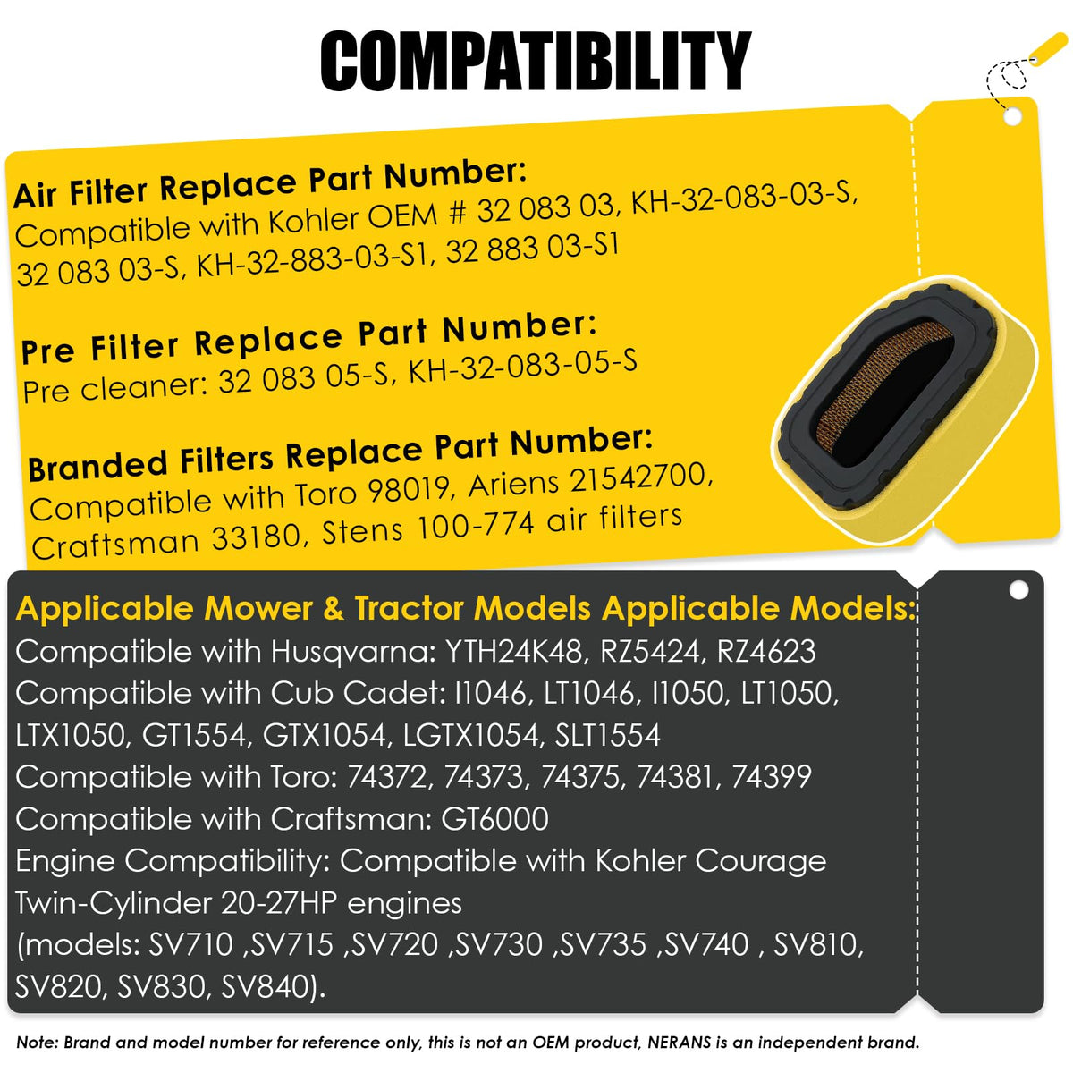 Nerans air filter kit for Husqvarna YTH24K48 supports reliable mowing performance