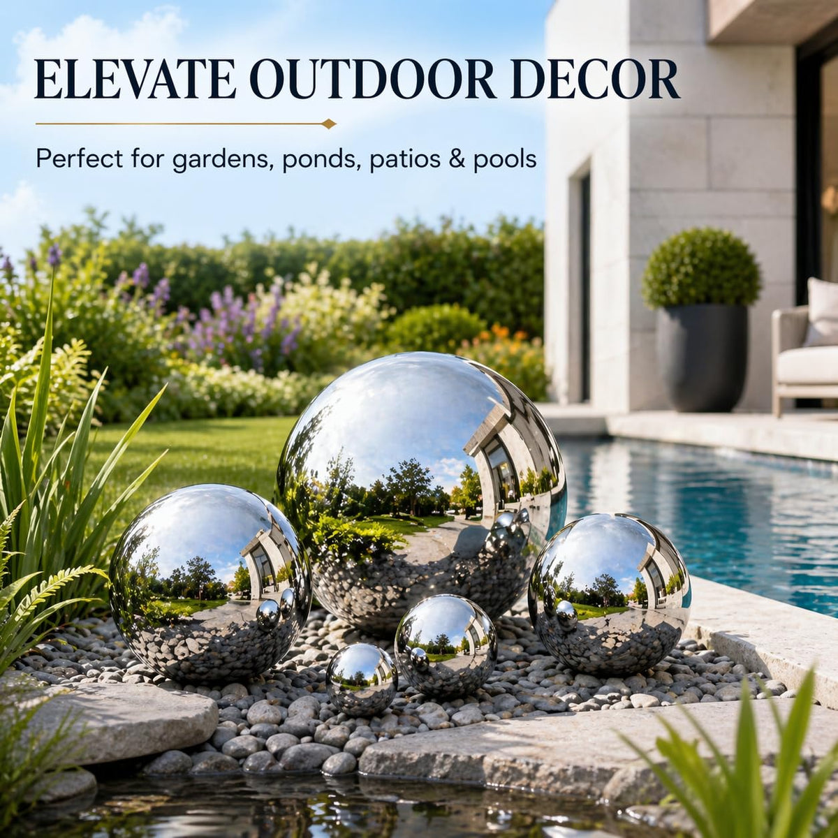 Nerien gazing ball 100mm polished silver brightens patios and lawns.