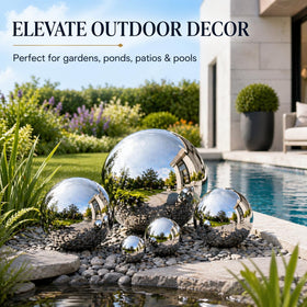 Nerien gazing ball 100mm polished silver brightens patios and lawns.