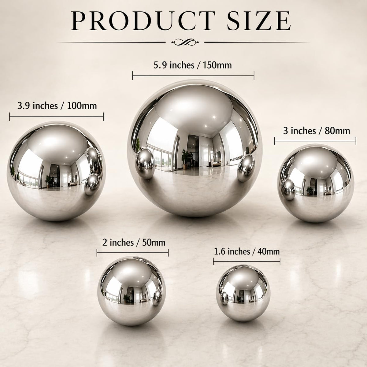 Nerien gazing ball 50mm polished silver adds mirror glow to shelves.