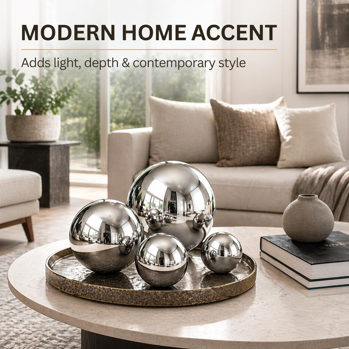 Nerien gazing ball 80mm polished silver creates a garden focal point.