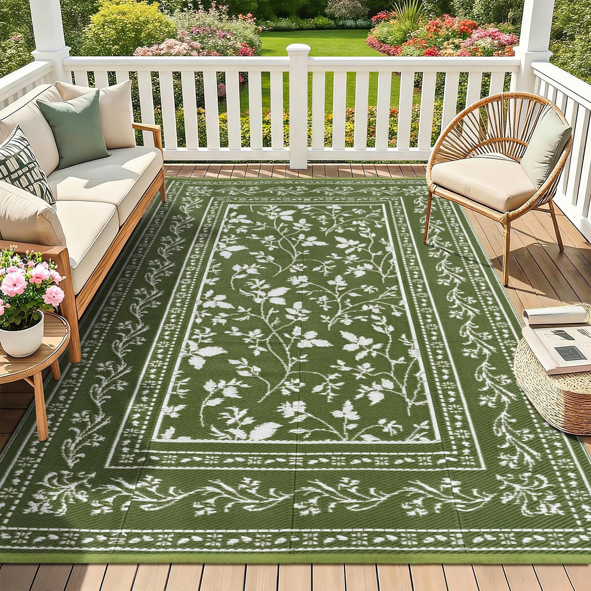 nesrt outdoor rug in olive green is waterproof and patio-ready
