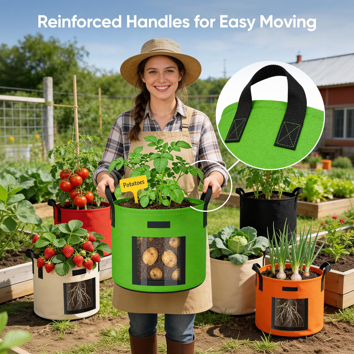 Grow bags shown on a sunny patio for convenient balcony gardening.