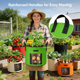 Grow bags shown on a sunny patio for convenient balcony gardening.