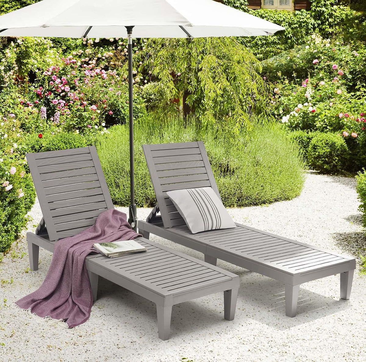 Nestl set of two suitable for patio, beach, or poolside lounging.