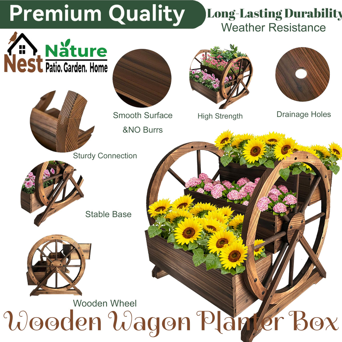 NestNature burnt-treated fir close-up emphasizes durability for outdoor use.