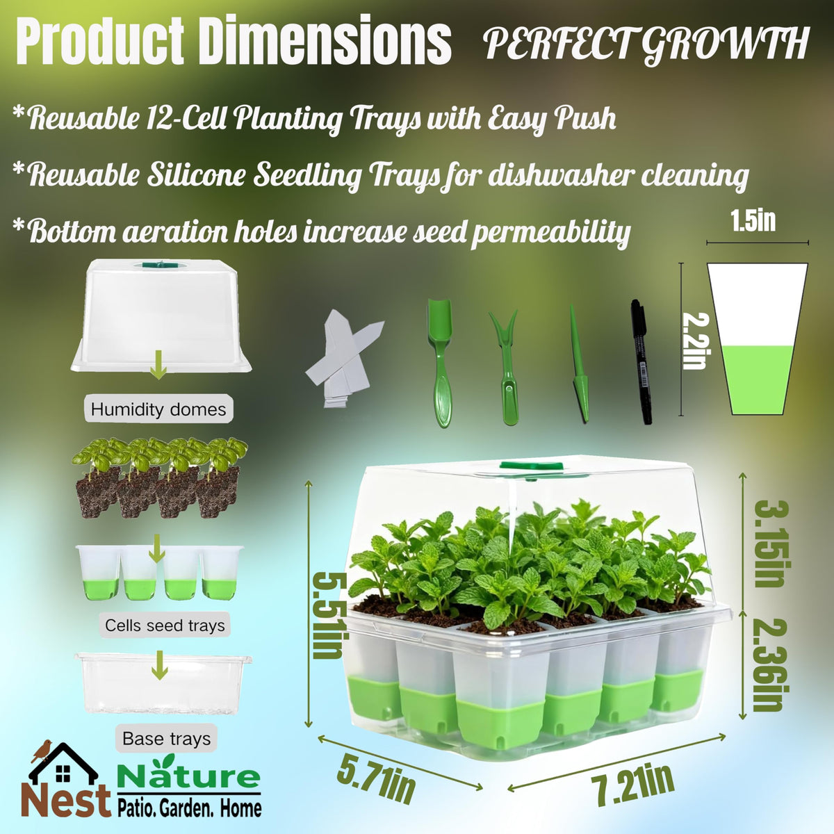 NestNature Patio.Garden.Home BPA-free-silicone-seed-tray non-stick surface simplifies seedling removal