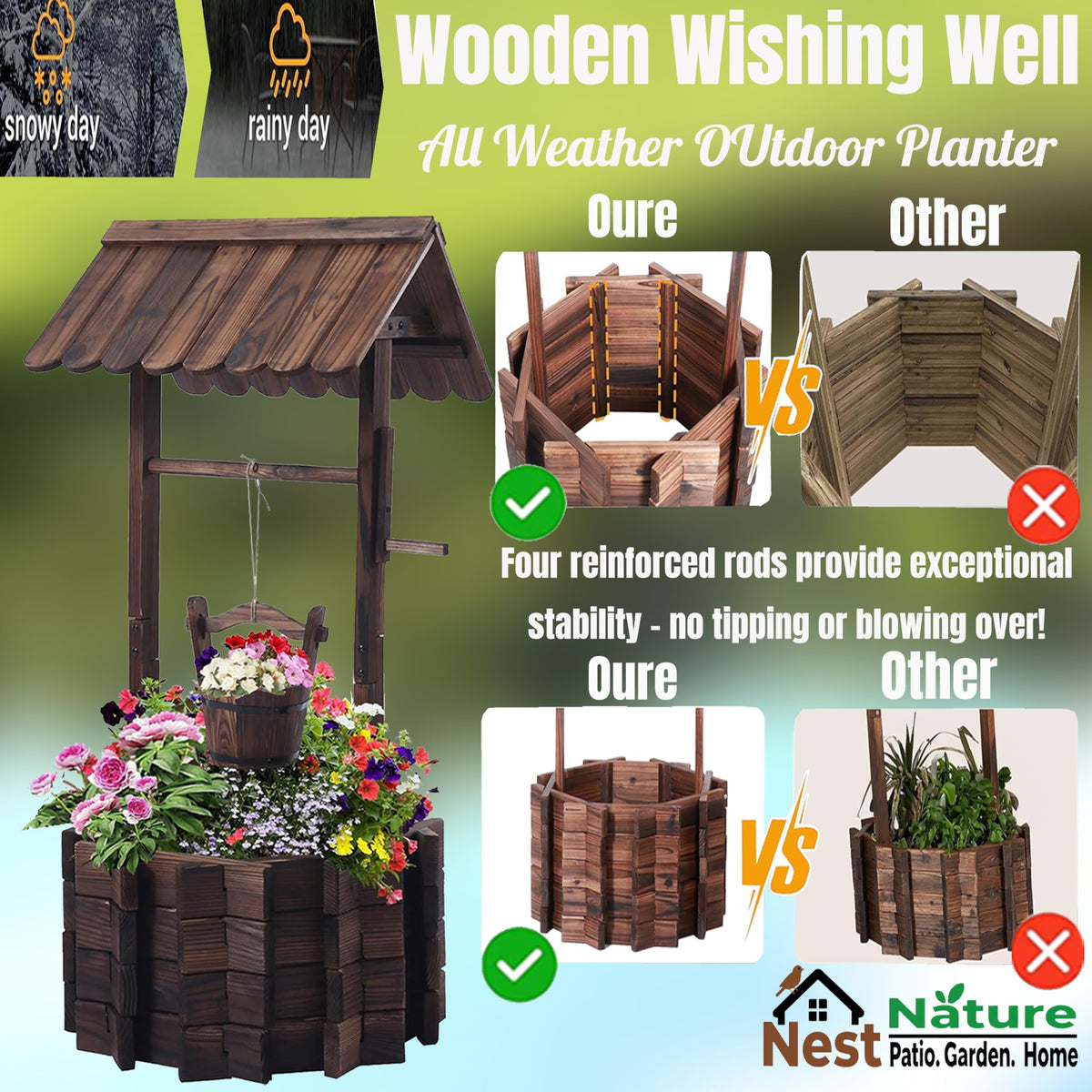 NestNature wishing well wood grain and reinforced rods emphasize stability