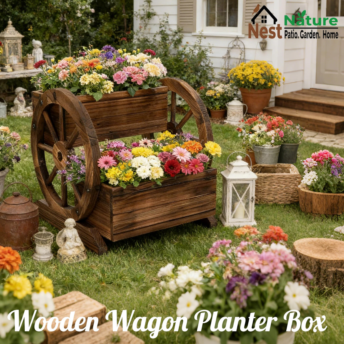 NestNature Wooden Wagon Planter detailed grain close-up