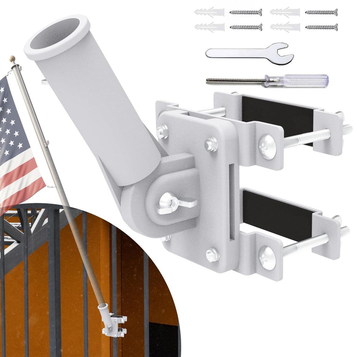 Neszyzai No Drill Flag Pole Holder on railing for tangle-free balcony display