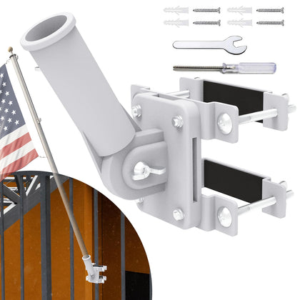 Neszyzai No Drill Flag Pole Holder on railing for tangle-free balcony display