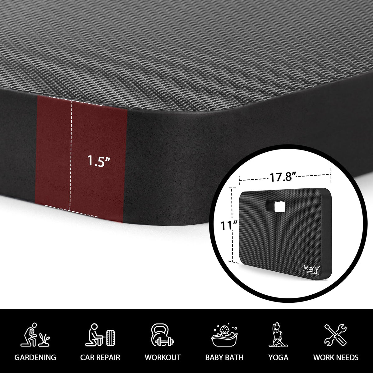 NETANY high-density foam cushion provides soft, supportive kneeling during long projects.