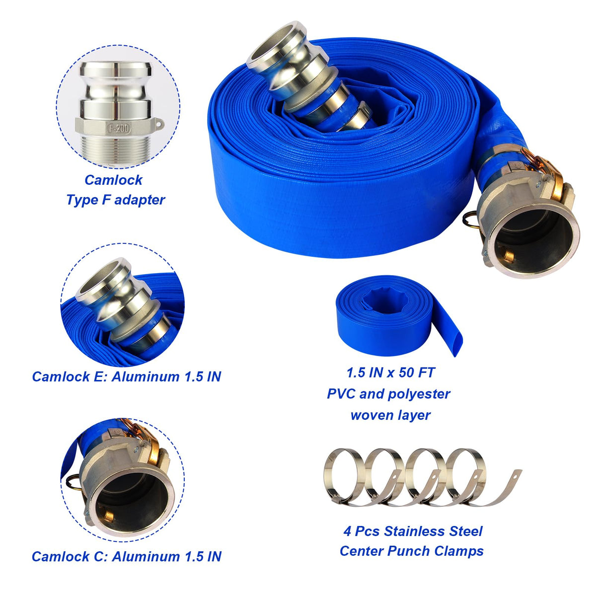 NetLea backwash hose with Camlock Type E fitting for easy attachment.