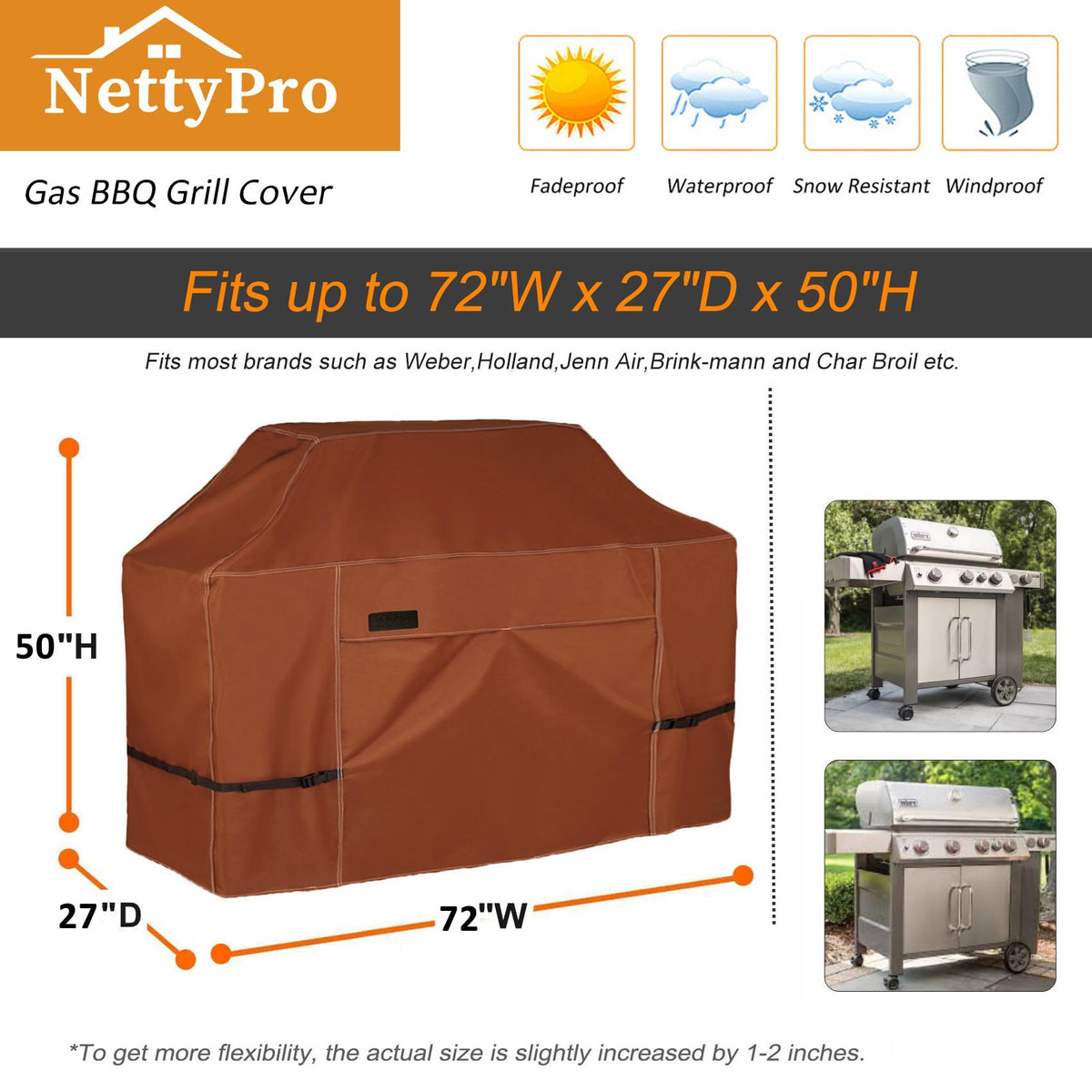 NettyPro Grill Cover adjustable straps secure fit against wind.