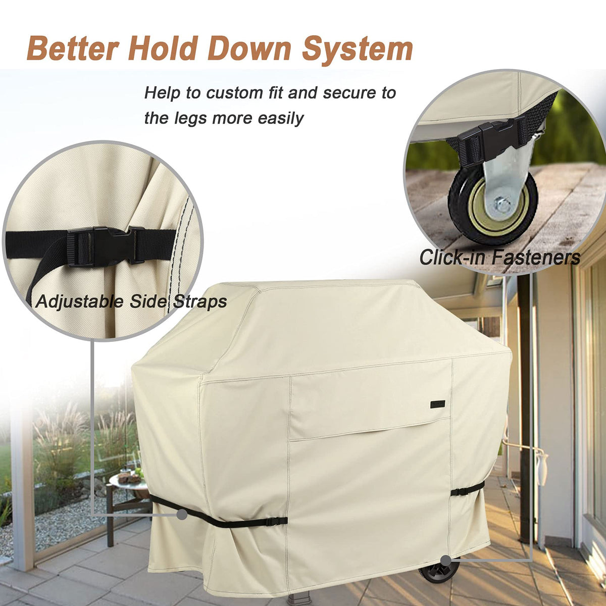 NettyPro grill cover waterproof fabric highlights PVC coating and ripstop durability.