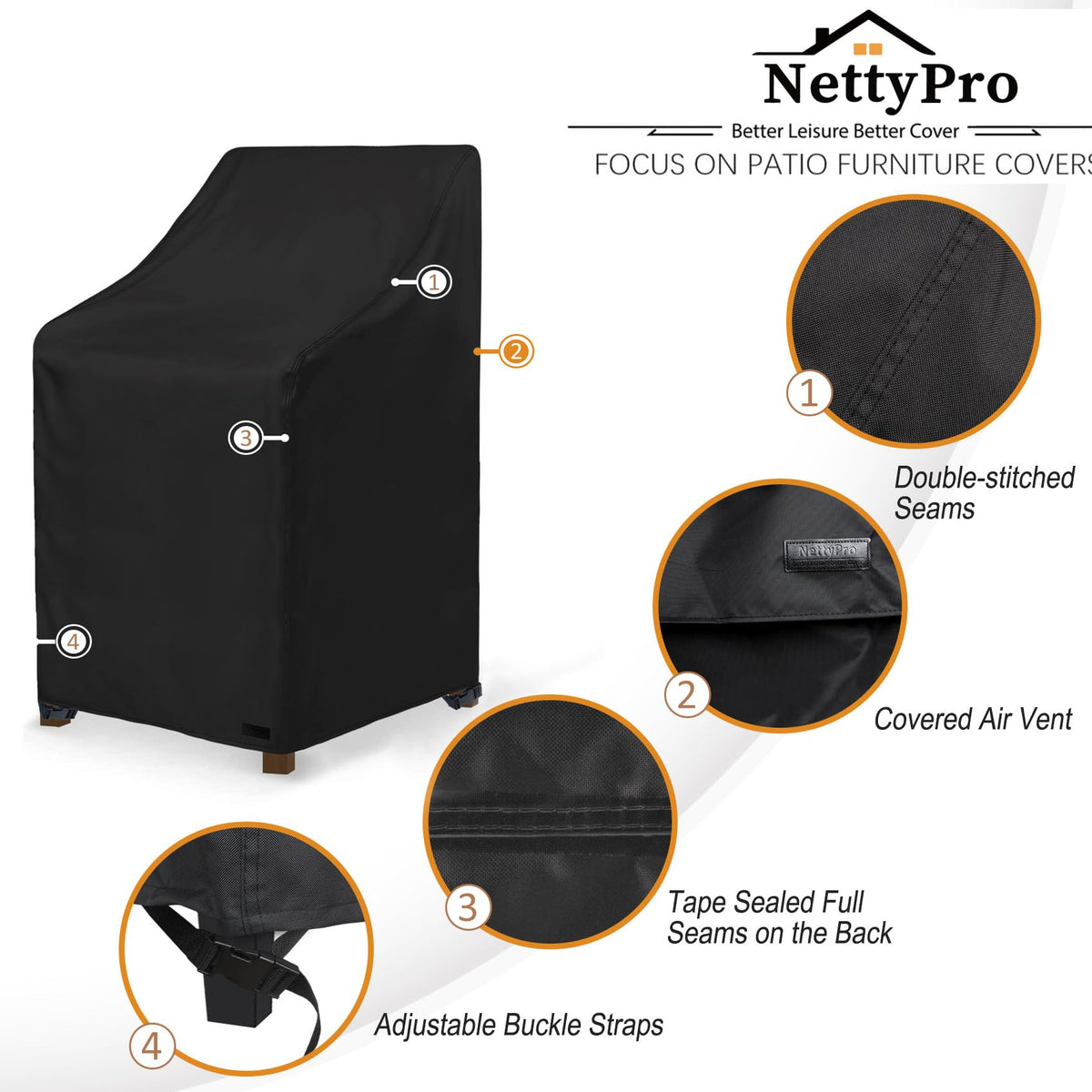 Two adjustable straps with buckles provide a secure fit for stack chairs