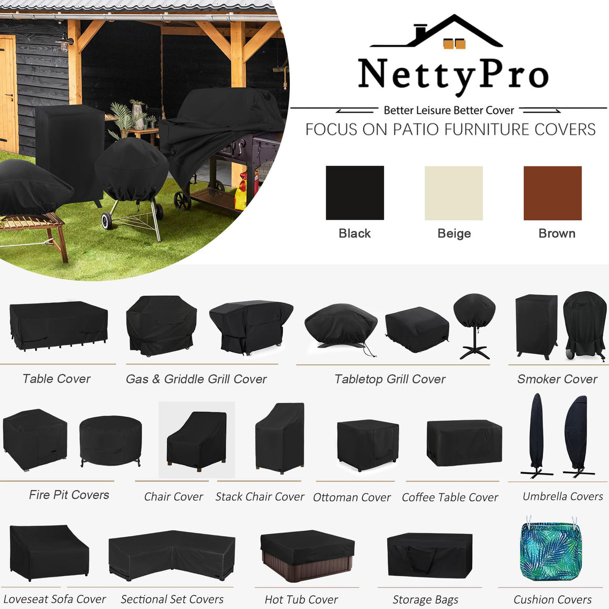 Black NettyPro cover suitable for various patio setups and weather protection