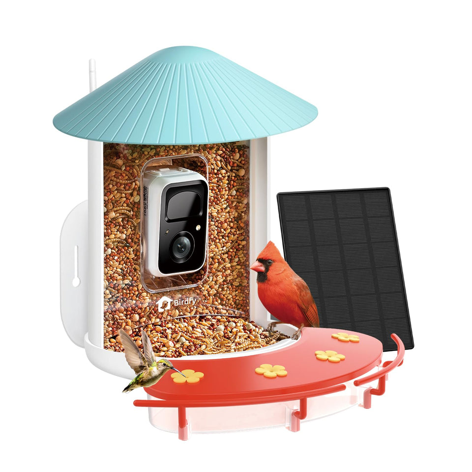 NETVUE Birdfy Hummee front view shows dual feeders attracting more hummingbirds