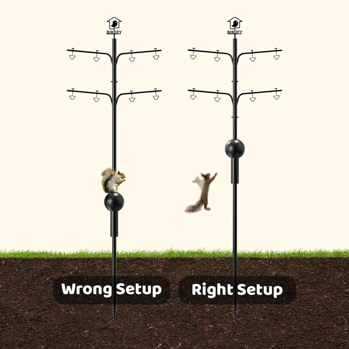 Pole setup outdoors for hanging bird feeders and baths