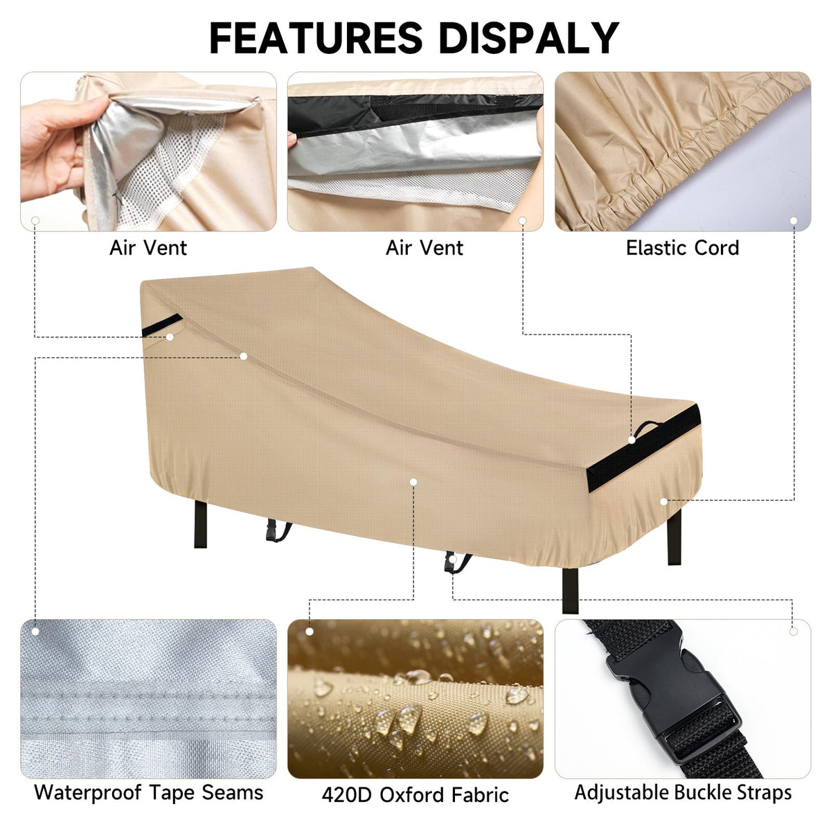 NeverLAND Chaise Lounge Cover uses waterproof Oxford fabric to resist moisture.