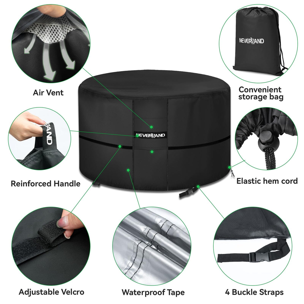 NEVERLAND four-buckle system keeps the round cover securely in place.