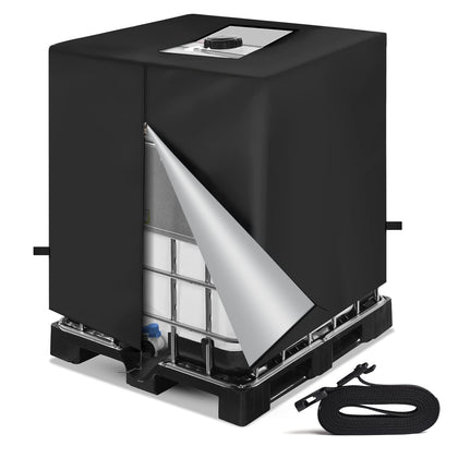 NeverLAND IBC Tote Cover on a 275-gallon tank shielding from sun and dust