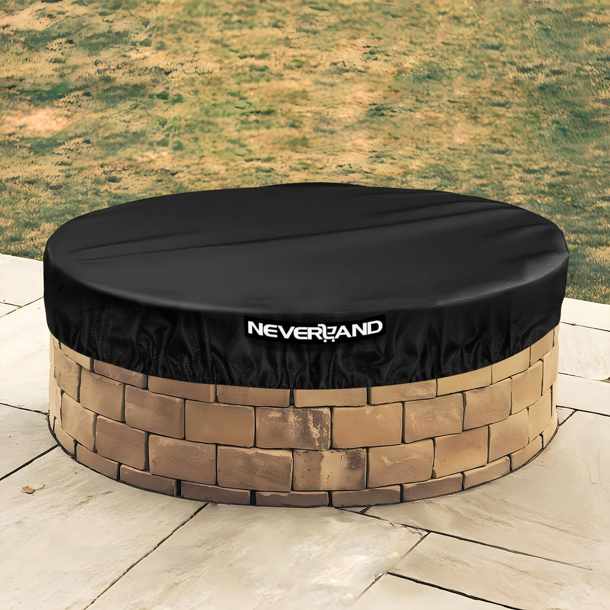 NeverLAND round fire pit cover fits 57-inch pits for dry, protected storage outdoors.