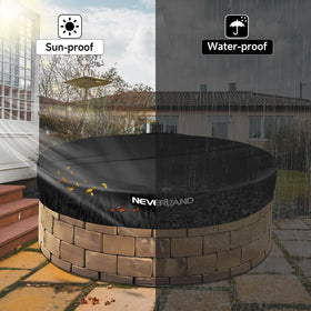 NeverLAND round fire pit cover on built-in stone pit demonstrates clean, dry protection.