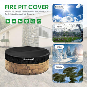 NeverLAND round fire pit cover in rain or snow demonstrates weather protection.