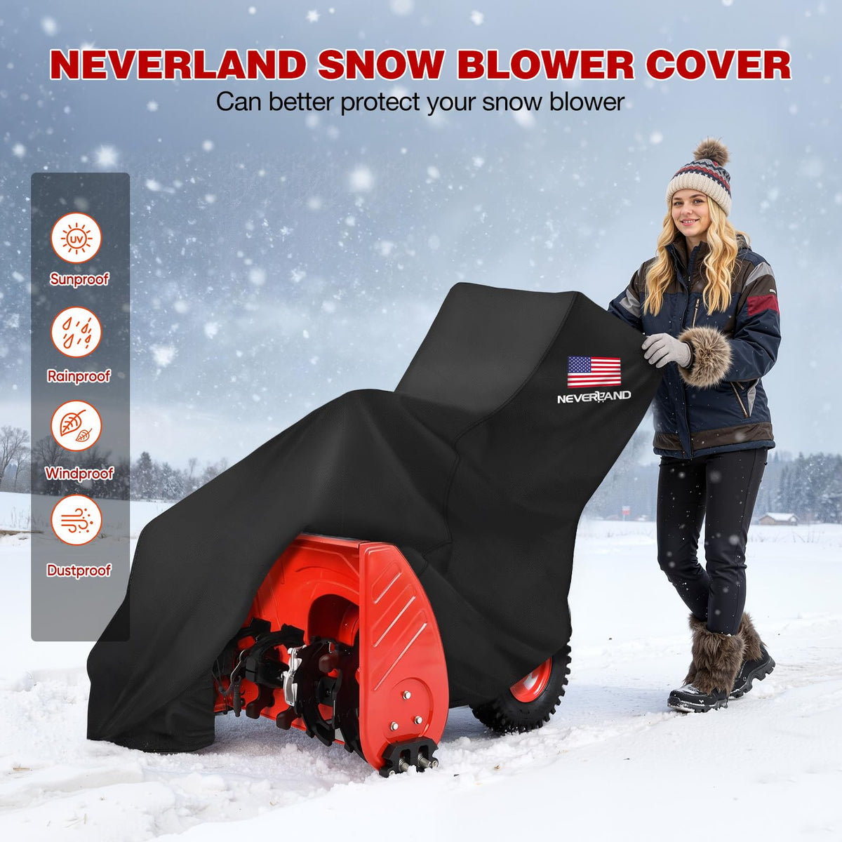 Heavy-duty Oxford fabric and PU coating shield the snow blower against water and UV exposure.