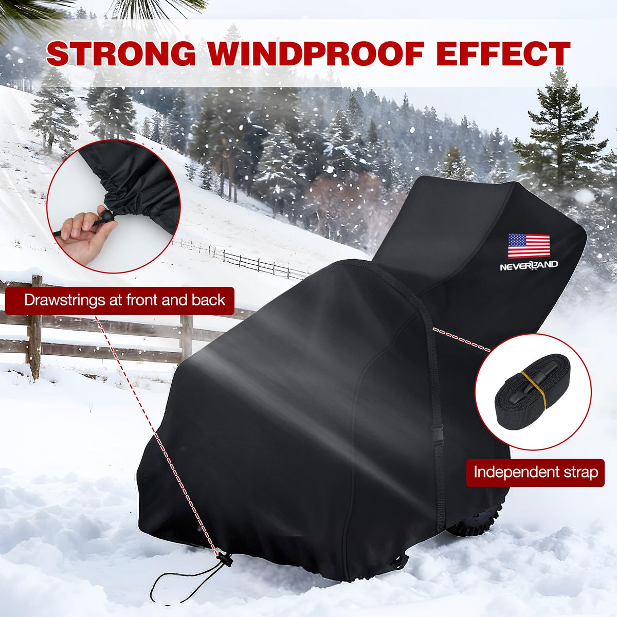 Front elastic band and 3-meter strap keep cover securely in place during strong winds.