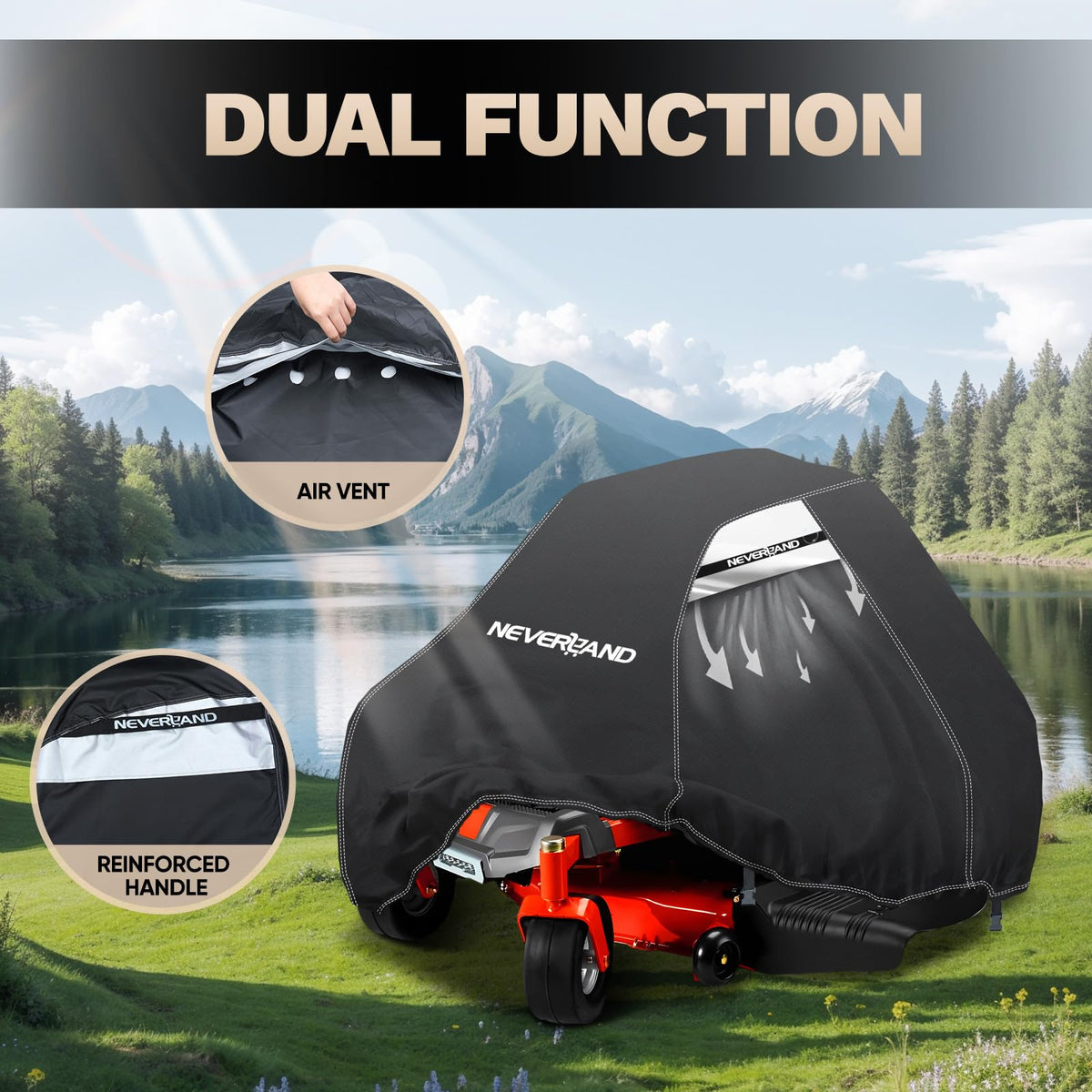 NeverLAND mower cover dimensions 79x46x55 inches shown for universal fit.