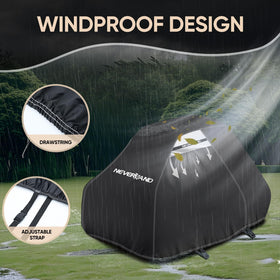 NeverLAND mower cover with elastic band and straps securing against wind.