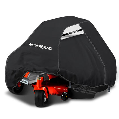 NeverLAND zero-turn mower cover on a mower in rain protecting against moisture.