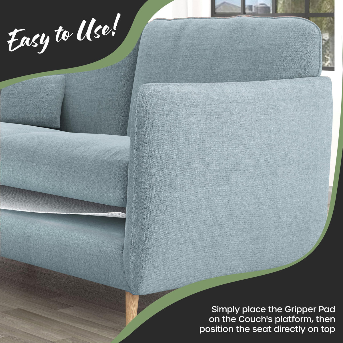 Nevlers cushion gripper pad on sofa demonstrates reliable grip during everyday lounging.