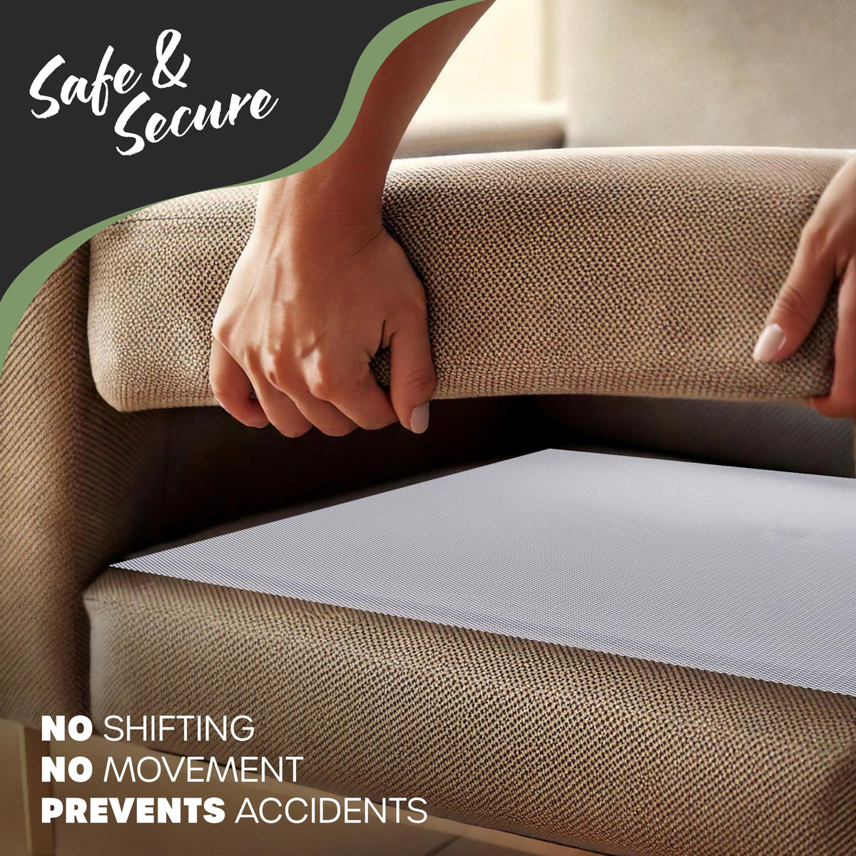 Nevlers easy-install sofa pad lets you lift, position, and secure cushions quickly.