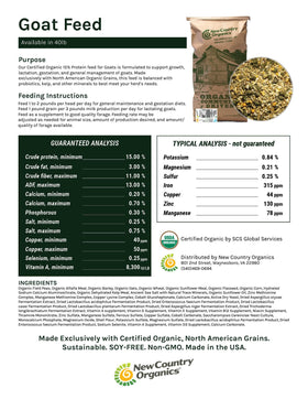 New Country Organics Goat Feed for all ages, goats thriving on balanced nutrition.