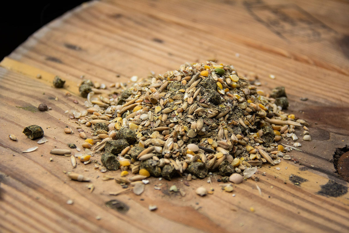 New Country Organics Goat Feed ingredients close-up showing organic grains and minerals.