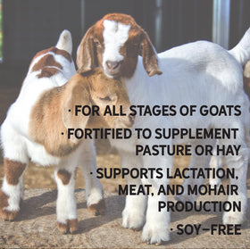 New Country Organics Goat Feed label shows organic, soy-free, and non-GMO benefits.