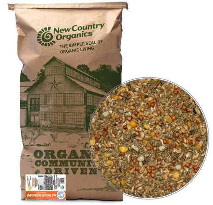 New Country Organics pastured grower feed bag 40 lb supports pasture-raised chick growth.