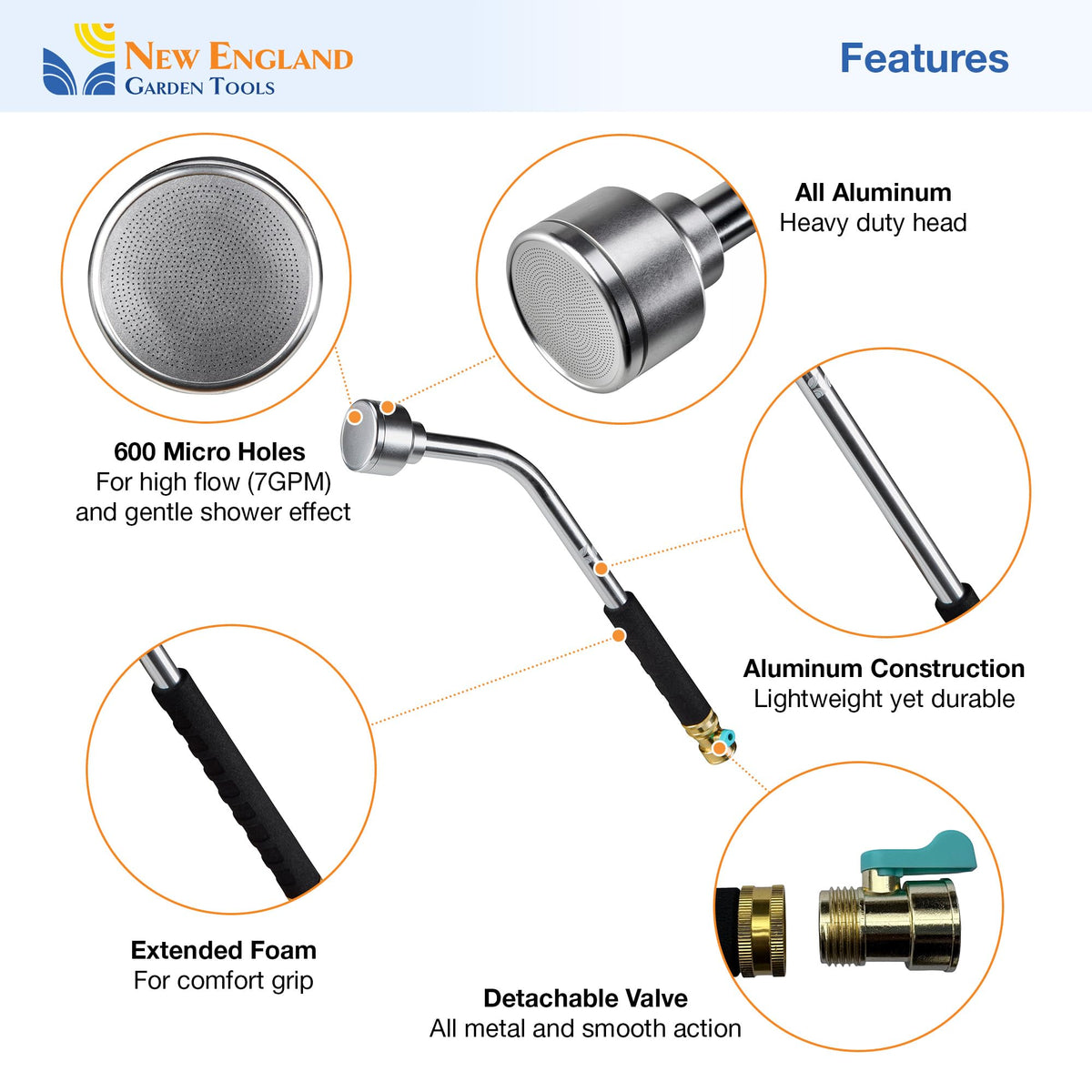 NEW ENGLAND GARDEN TOOLS gentle-shower-head offering soft water flow for beds