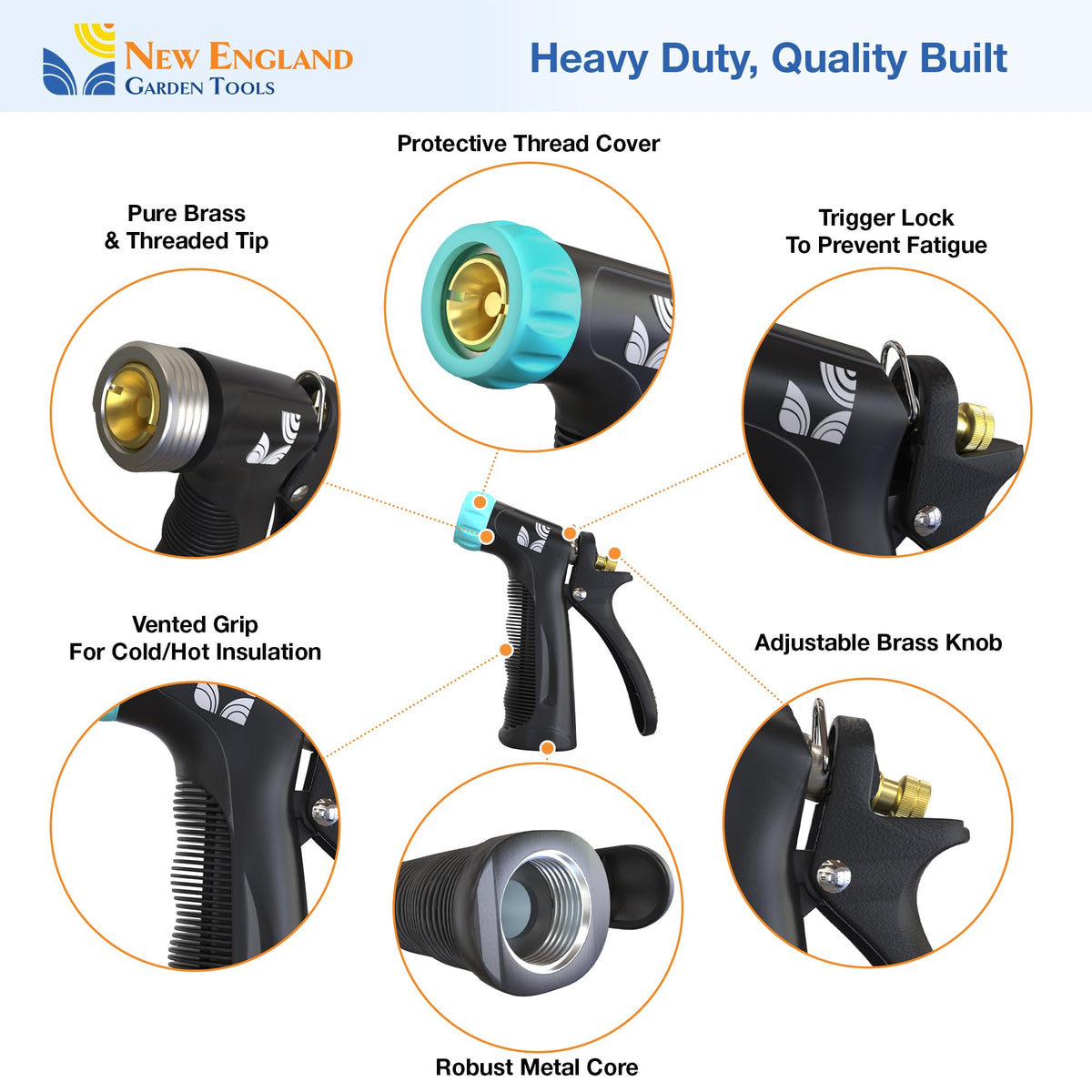 New England Garden Tools jet nozzle side profile with adjustable flow for precise tasks.