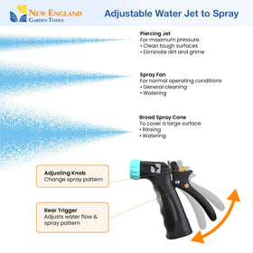 New England Garden Tools threaded-tip attachment shows compatibility for hot and cold water cleaning.