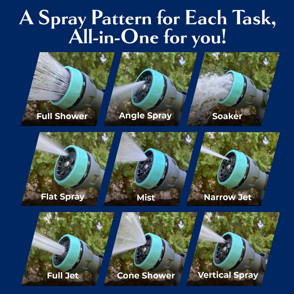 New England Water Tools nine-pattern spray supports gardening, washing, and caretaking tasks