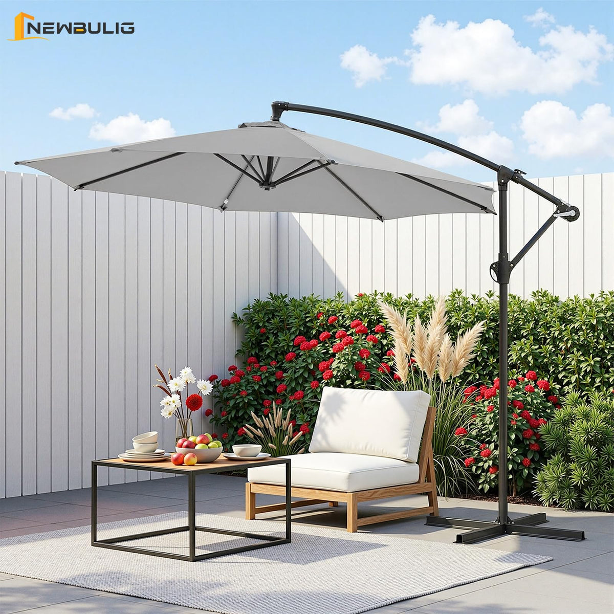 NEWBULIG adjustable tilt cantilever umbrella blocks sun as it moves outdoors
