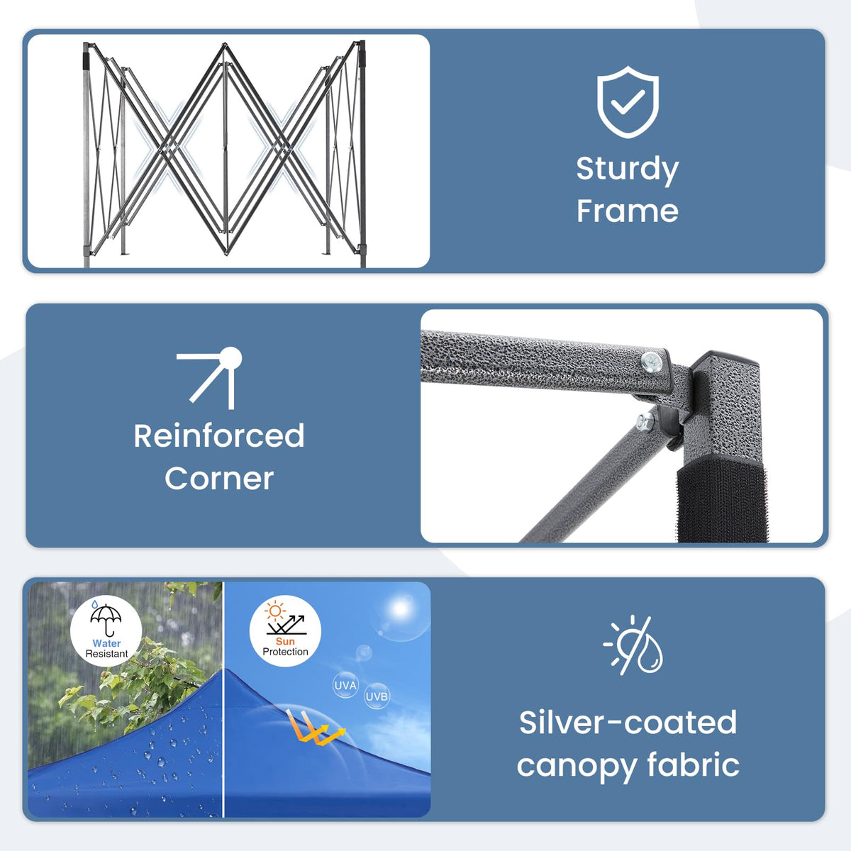 NEWBULIG blue top canopy shields sun and light rain for comfort.