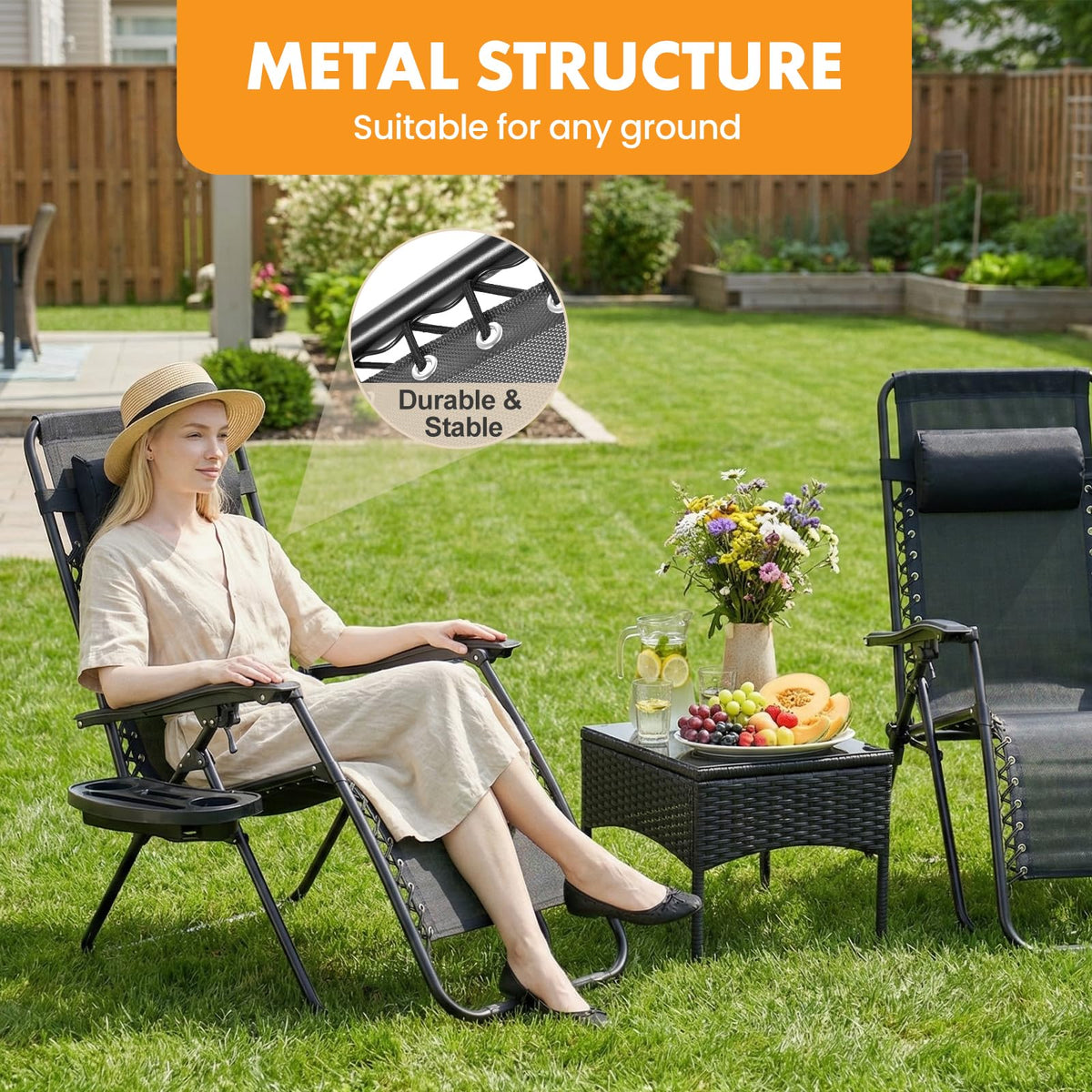Detachable tray with compartments on NEWBULIG lounge chair for drinks and snacks.