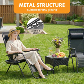 Detachable tray with compartments on NEWBULIG lounge chair for drinks and snacks.
