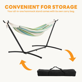 NEWBULIG hammock stand in-use in a backyard setup on a patio